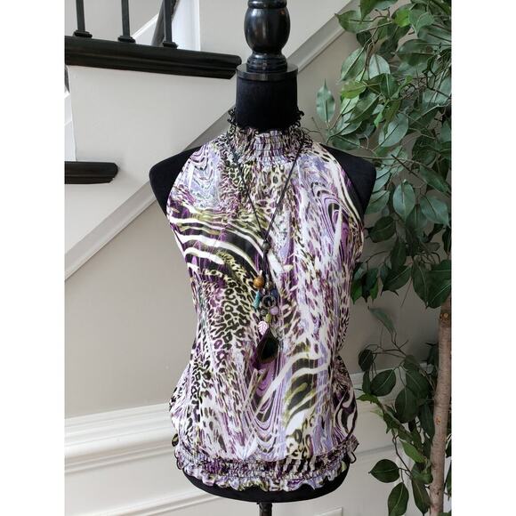 Byer California Top Blouse Women's XL Multi Animal Marble Print Ruffle High Neck - Picture 1 of 11